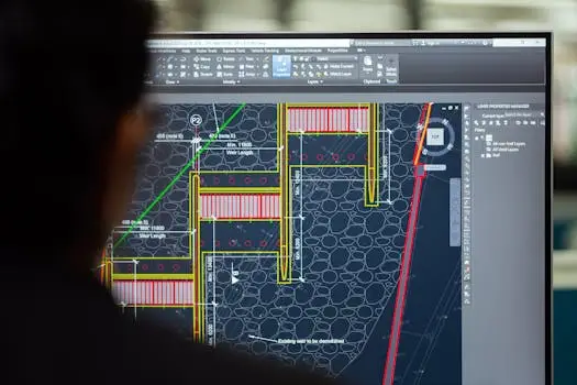 მთავარი A civil engineer working on a weir design using CAD software on a computer screen in an office setting.